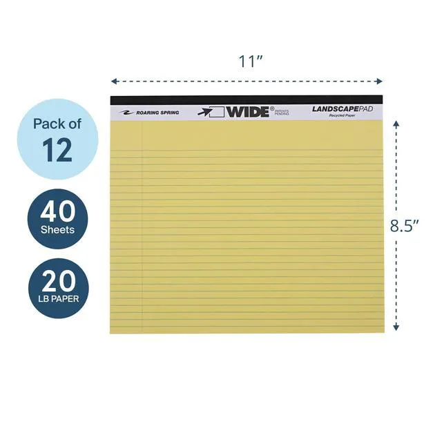 Alt view image 3 of 6 - Wide Landscape Legal Pad, Canary Yellow, 12 Pads, 11" x 9.5", College-Ruled with Margin, 20 lb Recycled Paper, 40 Perforated Sheets, Made in USA 0070972745216