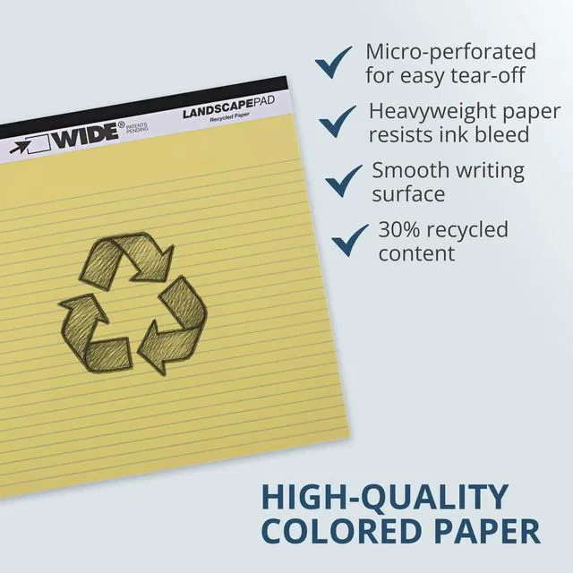 Alt view image 4 of 6 - Wide Landscape Legal Pad, Canary Yellow, 12 Pads, 11" x 9.5", College-Ruled with Margin, 20 lb Recycled Paper, 40 Perforated Sheets, Made in USA 0070972745216