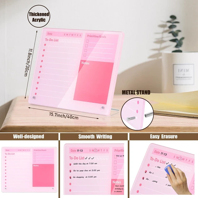 Alt view image 2 of 5 - Desktop Thickened Acrylic Dry Erase Board to do List Planner Board,15.7"x11.8",Tabletop Whiteboard with Stand,Pink Office Supplie,Pink Dry Erase White Board for Office/Home/School
