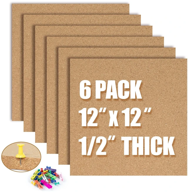 Main image of Cork Board Bulletin Board 12x12, 1/2" Thick Cork Board Tiles 6 Pack, Small Square Pin Board for Wall, Self Adhesive Corkboards with 60 Push Pin Wood Clips for School, Home & Office