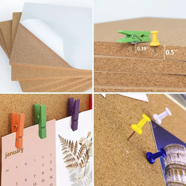 Alt view image 5 of 7 - Cork Board Bulletin Board 12x12, 1/2" Thick Cork Board Tiles 6 Pack, Small Square Pin Board for Wall, Self Adhesive Corkboards with 60 Push Pin Wood Clips for School, Home & Office