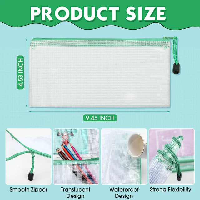 Alt view image 2 of 7 - 100Pcs Mesh Pencil Pouch,White Pouch Green Zipper,A6 Small Zipper Pencil Pouches Bulk, Waterproof Clear Storage Bag, Multipurpose for Cash Board Game Passport Office