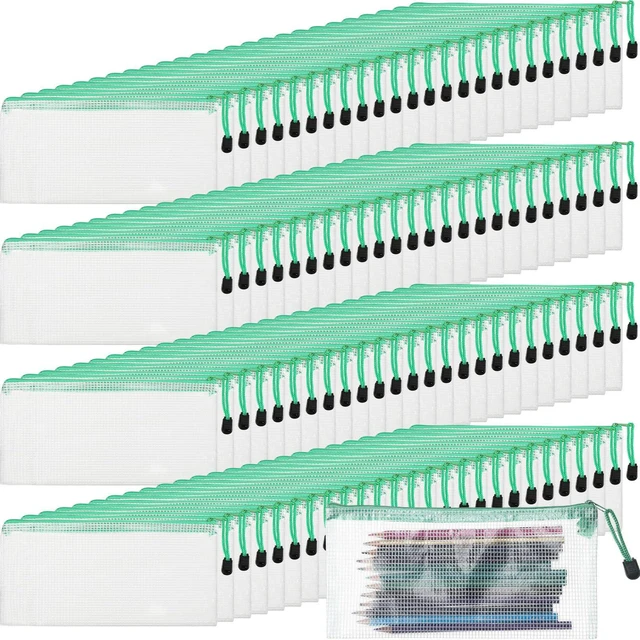 Main image of 100Pcs Mesh Pencil Pouch,White Pouch Green Zipper,A6 Small Zipper Pencil Pouches Bulk, Waterproof Clear Storage Bag, Multipurpose for Cash Board Game Passport Office