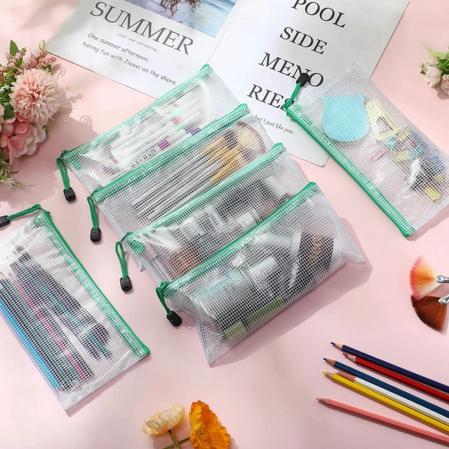 Alt view image 7 of 7 - 100Pcs Mesh Pencil Pouch,White Pouch Green Zipper,A6 Small Zipper Pencil Pouches Bulk, Waterproof Clear Storage Bag, Multipurpose for Cash Board Game Passport Office