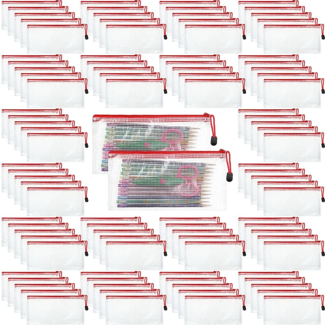 Main image of 100Pcs Mesh Pencil Pouch,White Pouch Red Zipper,A6 Small Zipper Pencil Pouches Bulk, Waterproof Clear Storage Bag, Multipurpose for Cash Board Game Passport Office