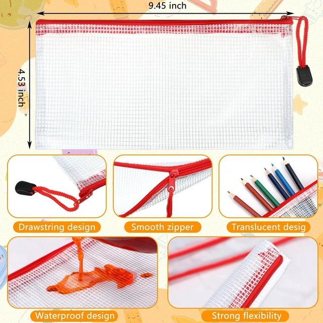 Alt view image 2 of 6 - 100Pcs Mesh Pencil Pouch,White Pouch Red Zipper,A6 Small Zipper Pencil Pouches Bulk, Waterproof Clear Storage Bag, Multipurpose for Cash Board Game Passport Office