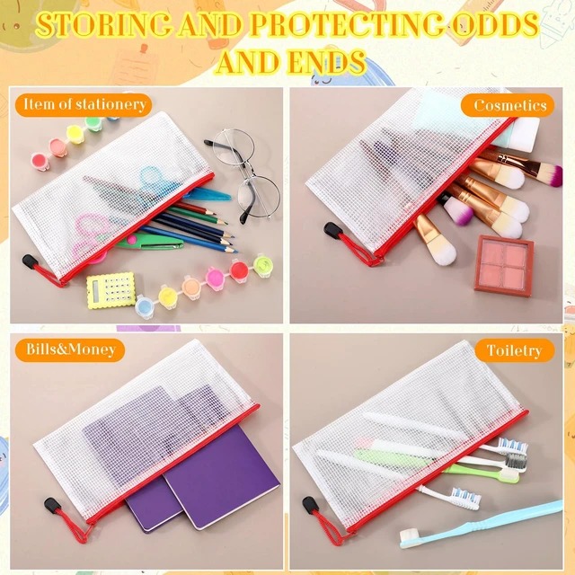 Alt view image 4 of 6 - 100Pcs Mesh Pencil Pouch,White Pouch Red Zipper,A6 Small Zipper Pencil Pouches Bulk, Waterproof Clear Storage Bag, Multipurpose for Cash Board Game Passport Office