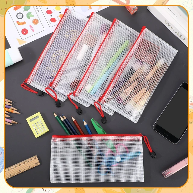 Alt view image 6 of 6 - 100Pcs Mesh Pencil Pouch,White Pouch Red Zipper,A6 Small Zipper Pencil Pouches Bulk, Waterproof Clear Storage Bag, Multipurpose for Cash Board Game Passport Office