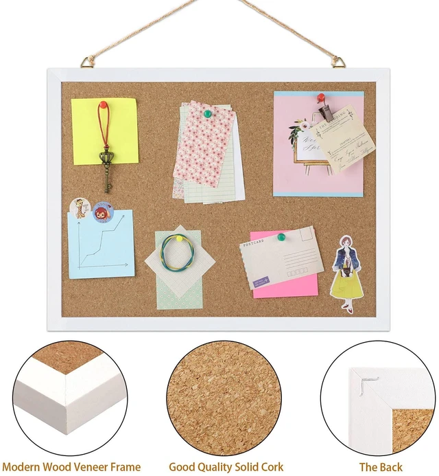 Alt view image 3 of 6 - Small Cork Bulletin Board for Wall 15.7x12 Inch White Wood Frame Natural Cork Material, Home Office Message Board, Hanging Photos and Vision Notes,Rectangle White Frame With Pins