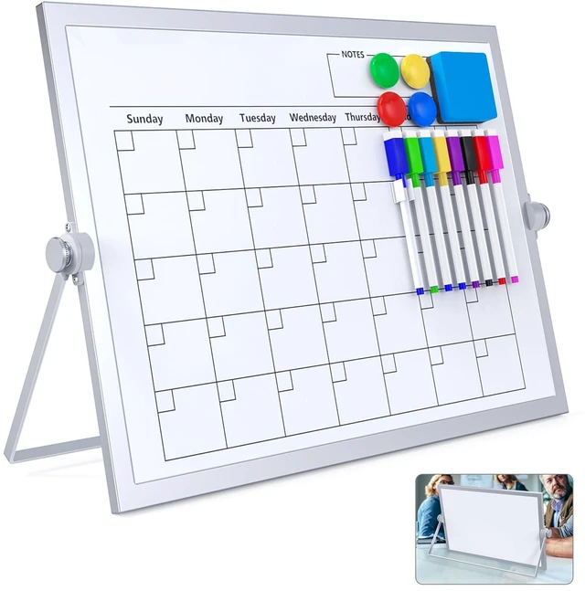 Main image of Dry Erase White Board,16X12IN Magnetic Desktop Whiteboard Calendar Whiteboard 8 Markers, 4 Magnets, 1 Eraser, Portable Double-Sided White Board Easel for Kids Memo to Do List Desk