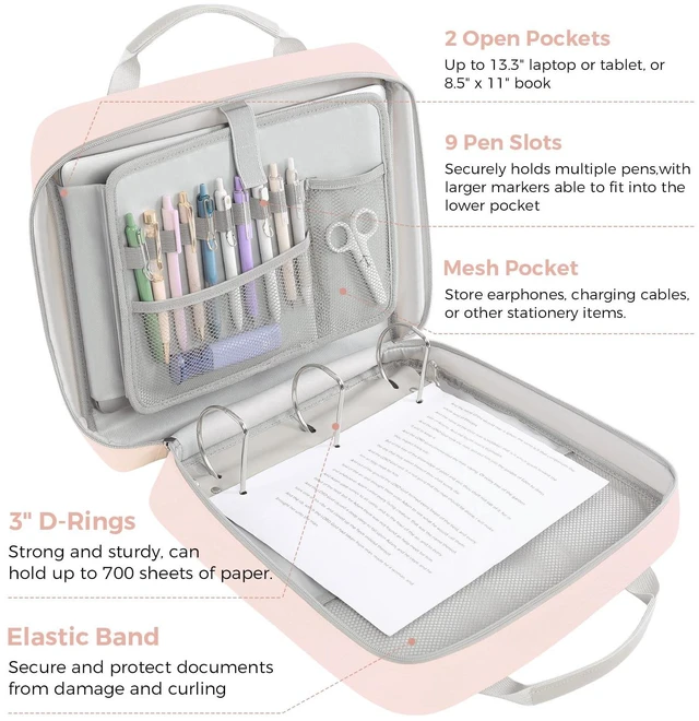 Alt view image 3 of 7 - Zipper Binder 3 Inch D-Ring School Binder, Oxford Fabric School Organizer Holds 700+ Sheets, Fits 14" Laptop, Water-Resistant, Handle & Shoulder Strap, 14"x13" School Supplies, Pink