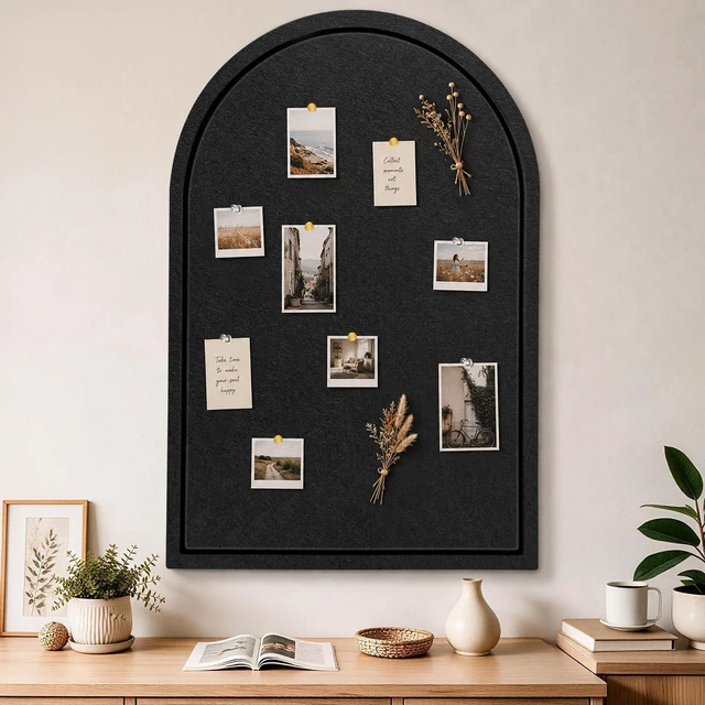 Main image of Arched Felt Bulletin Board, Sized 36" x 24" Cork Board Alternative Grooved Edge Foldable for Office & Wall, Foldable Picture Self-Adhesive Boards with Pins Hooks for Photo Display School Home, Black