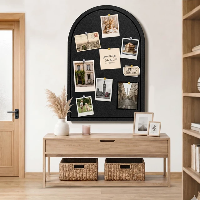 Alt view image 2 of 7 - Arched Felt Bulletin Board, Sized 36" x 24" Cork Board Alternative Grooved Edge Foldable for Office & Wall, Foldable Picture Self-Adhesive Boards with Pins Hooks for Photo Display School Home, Black
