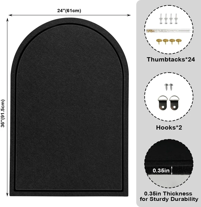 Alt view image 3 of 7 - Arched Felt Bulletin Board, Sized 36" x 24" Cork Board Alternative Grooved Edge Foldable for Office & Wall, Foldable Picture Self-Adhesive Boards with Pins Hooks for Photo Display School Home, Black