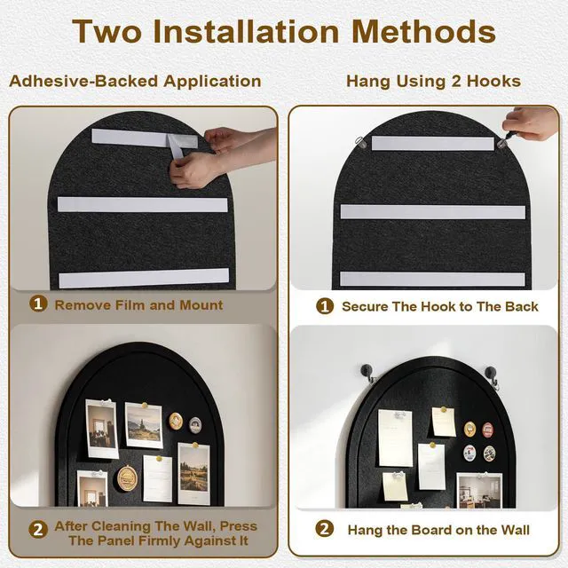 Alt view image 4 of 7 - Arched Felt Bulletin Board, Sized 36" x 24" Cork Board Alternative Grooved Edge Foldable for Office & Wall, Foldable Picture Self-Adhesive Boards with Pins Hooks for Photo Display School Home, Black