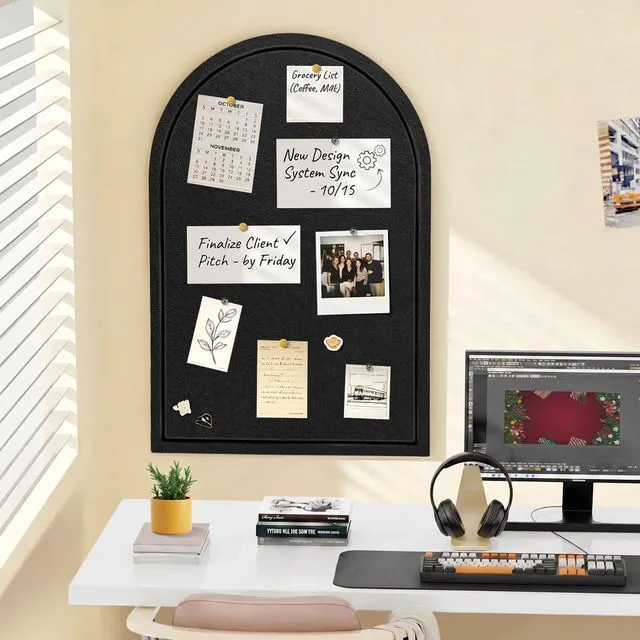 Alt view image 6 of 7 - Arched Felt Bulletin Board, Sized 36" x 24" Cork Board Alternative Grooved Edge Foldable for Office & Wall, Foldable Picture Self-Adhesive Boards with Pins Hooks for Photo Display School Home, Black