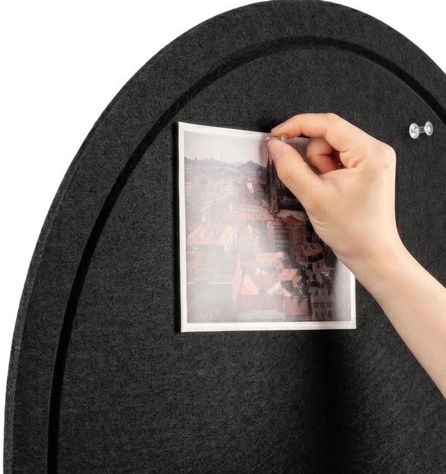 Alt view image 5 of 7 - Arched Felt Bulletin Board, Sized 36" x 24" Cork Board Alternative Grooved Edge Foldable for Office & Wall, Foldable Picture Self-Adhesive Boards with Pins Hooks for Photo Display School Home, Black