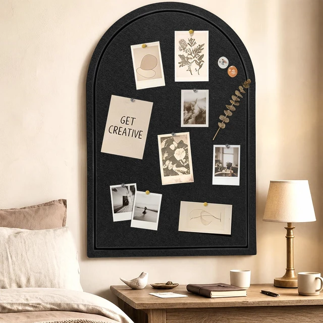 Alt view image 7 of 7 - Arched Felt Bulletin Board, Sized 36" x 24" Cork Board Alternative Grooved Edge Foldable for Office & Wall, Foldable Picture Self-Adhesive Boards with Pins Hooks for Photo Display School Home, Black