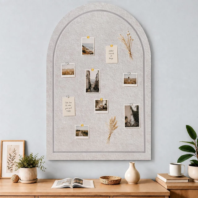 Main image of Arched Felt Bulletin Board, Sized 36" x 24" Cork Board Alternative Grooved Edge Foldable for Office & Wall, Foldable Picture Self-Adhesive Boards with Pin Hook for Photo Display School Home, Oatmeal