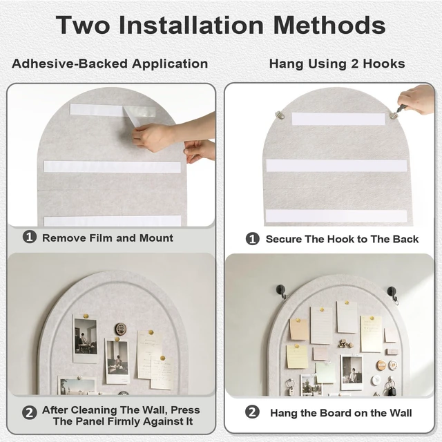 Alt view image 4 of 7 - Arched Felt Bulletin Board, Sized 36" x 24" Cork Board Alternative Grooved Edge Foldable for Office & Wall, Foldable Picture Self-Adhesive Boards with Pin Hook for Photo Display School Home, Oatmeal