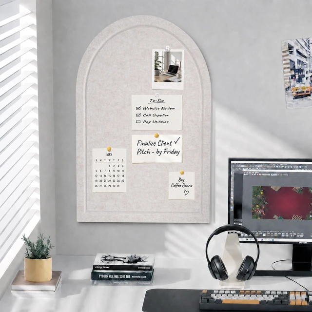 Alt view image 6 of 7 - Arched Felt Bulletin Board, Sized 36" x 24" Cork Board Alternative Grooved Edge Foldable for Office & Wall, Foldable Picture Self-Adhesive Boards with Pin Hook for Photo Display School Home, Oatmeal