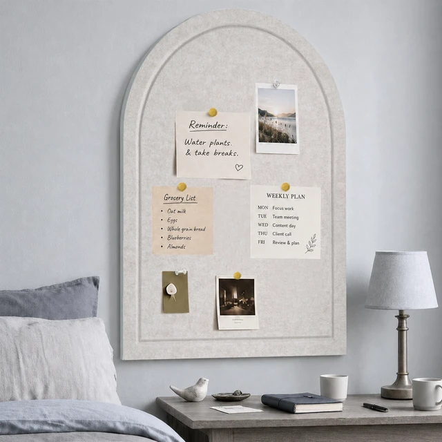 Alt view image 7 of 7 - Arched Felt Bulletin Board, Sized 36" x 24" Cork Board Alternative Grooved Edge Foldable for Office & Wall, Foldable Picture Self-Adhesive Boards with Pin Hook for Photo Display School Home, Oatmeal