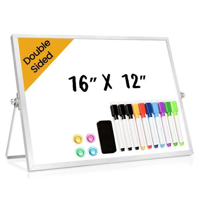 Main image of Desktop Whiteboard with Stand, 16" x 12" Double-Sided Dry Erase Board with Stand, Portable Stand White Board for Office, Home, School
