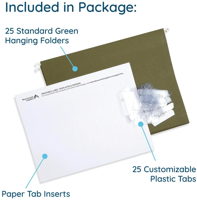 Alt view image 2 of 6 - 25 Hanging File Folders, Letter Size, Standard Green Reinforced 12pt, 1/5 Cut Tabs, Plastic Tabs and Inserts Included, for Filing Cabinet, Home, and Office Use