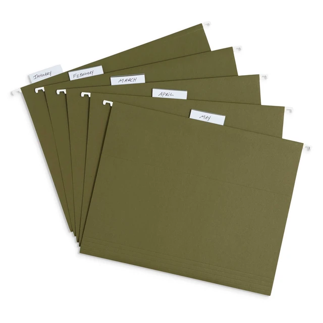 Alt view image 6 of 6 - 25 Hanging File Folders, Letter Size, Standard Green Reinforced 12pt, 1/5 Cut Tabs, Plastic Tabs and Inserts Included, for Filing Cabinet, Home, and Office Use
