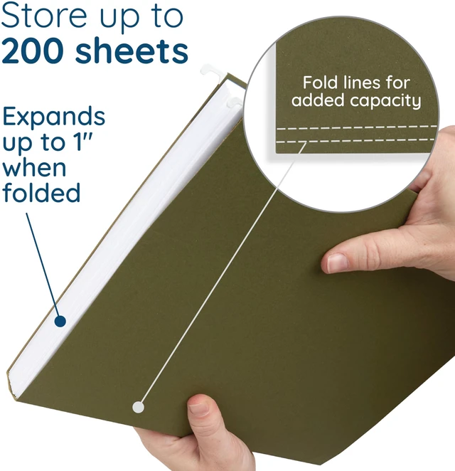 Alt view image 3 of 6 - 25 Hanging File Folders, Letter Size, Standard Green Reinforced 12pt, 1/5 Cut Tabs, Plastic Tabs and Inserts Included, for Filing Cabinet, Home, and Office Use