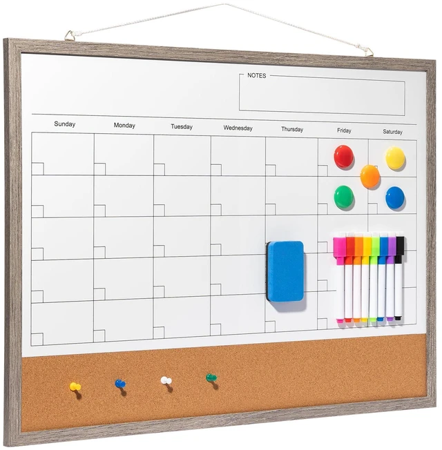Main image of Dry Erase Calendar Whiteboard, 24" x 18" Magnetic Whiteboard Cork Board Combo, Reusable Monthly Planner with 8 Markers, Eraser, Magnets and Pushpins, Hanging Dry Erase Board for Home, School - Gray