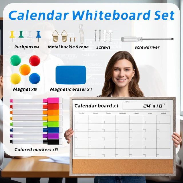 Alt view image 2 of 7 - Dry Erase Calendar Whiteboard, 24" x 18" Magnetic Whiteboard Cork Board Combo, Reusable Monthly Planner with 8 Markers, Eraser, Magnets and Pushpins, Hanging Dry Erase Board for Home, School - Gray