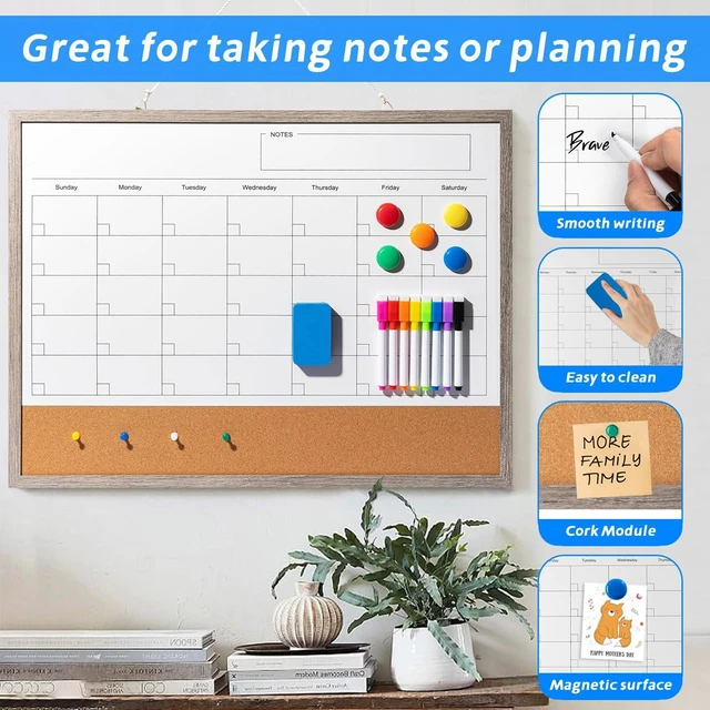 Alt view image 3 of 7 - Dry Erase Calendar Whiteboard, 24" x 18" Magnetic Whiteboard Cork Board Combo, Reusable Monthly Planner with 8 Markers, Eraser, Magnets and Pushpins, Hanging Dry Erase Board for Home, School - Gray