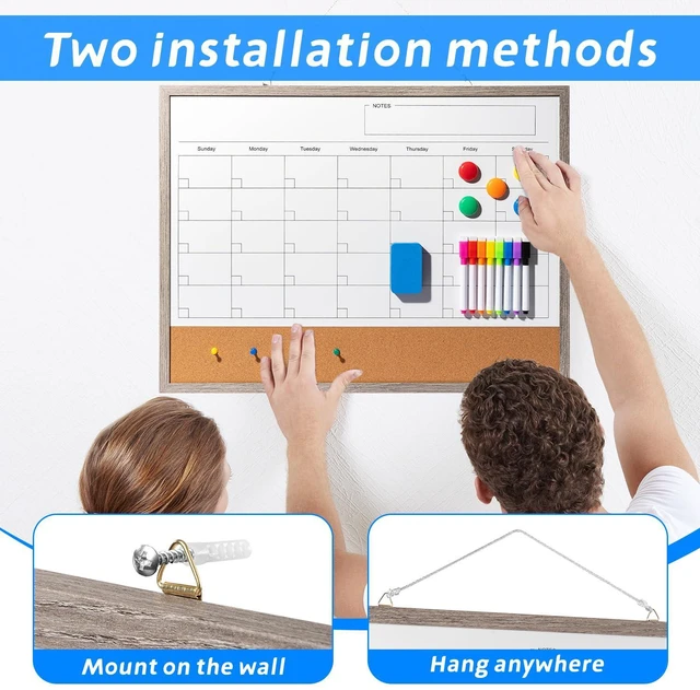 Alt view image 5 of 7 - Dry Erase Calendar Whiteboard, 24" x 18" Magnetic Whiteboard Cork Board Combo, Reusable Monthly Planner with 8 Markers, Eraser, Magnets and Pushpins, Hanging Dry Erase Board for Home, School - Gray