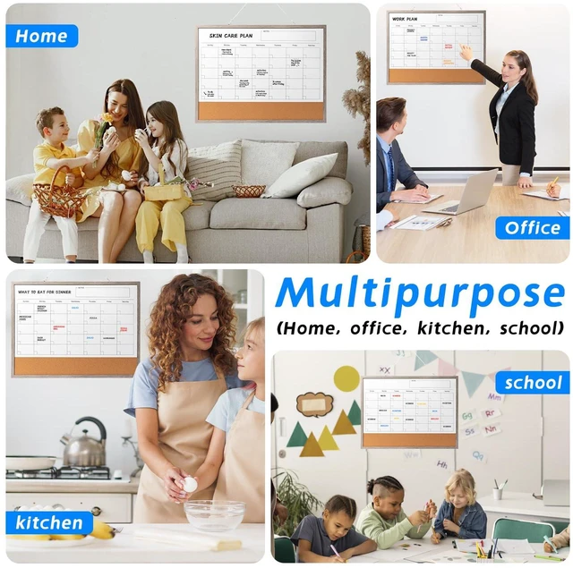 Alt view image 6 of 7 - Dry Erase Calendar Whiteboard, 24" x 18" Magnetic Whiteboard Cork Board Combo, Reusable Monthly Planner with 8 Markers, Eraser, Magnets and Pushpins, Hanging Dry Erase Board for Home, School - Gray