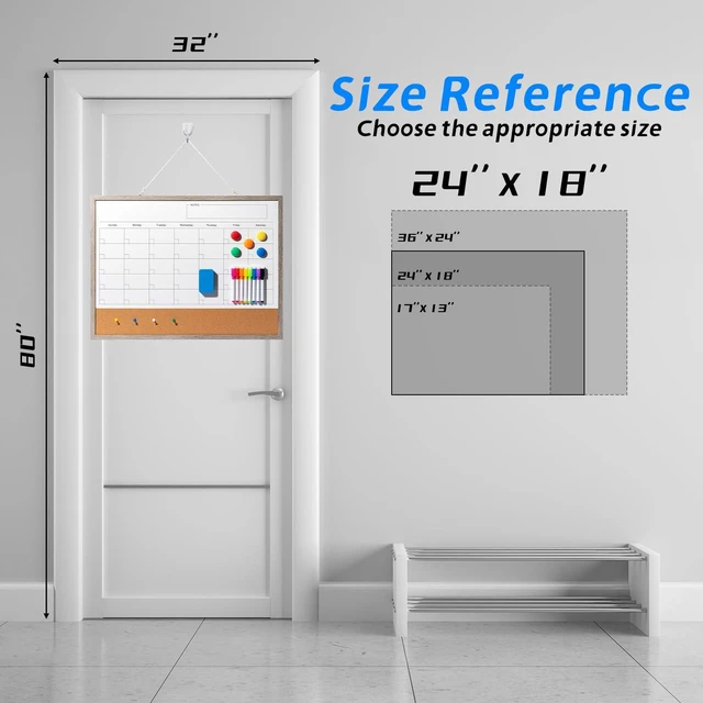 Alt view image 7 of 7 - Dry Erase Calendar Whiteboard, 24" x 18" Magnetic Whiteboard Cork Board Combo, Reusable Monthly Planner with 8 Markers, Eraser, Magnets and Pushpins, Hanging Dry Erase Board for Home, School - Gray