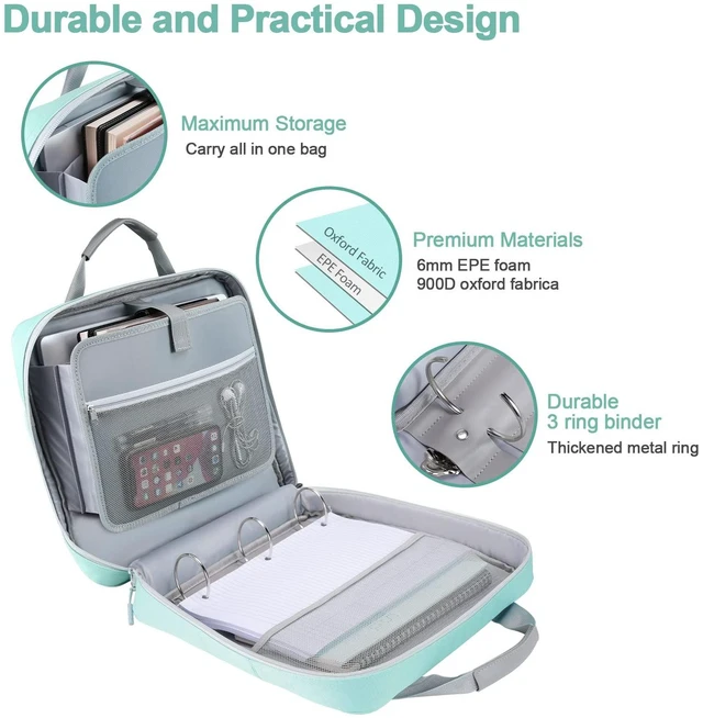 Alt view image 2 of 7 - 2 Inch 3 Ring Zipper Binder O-Ring with Strap & Multi-Pockets Binder with Strap 500 Sheet Capacity for School and Office Binder Organizer, Compatible with 13-Inch MacBook/Table,Light Blue
