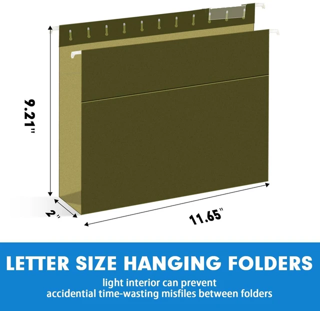 Alt view image 2 of 7 - Hanging File Folders, 30 Pack Letter Size Reinforced Hanging Folders with Heavy Duty 2 Inch Expansion for Bulky Files, Filing Cabinet, Adjustable Tabs, Green