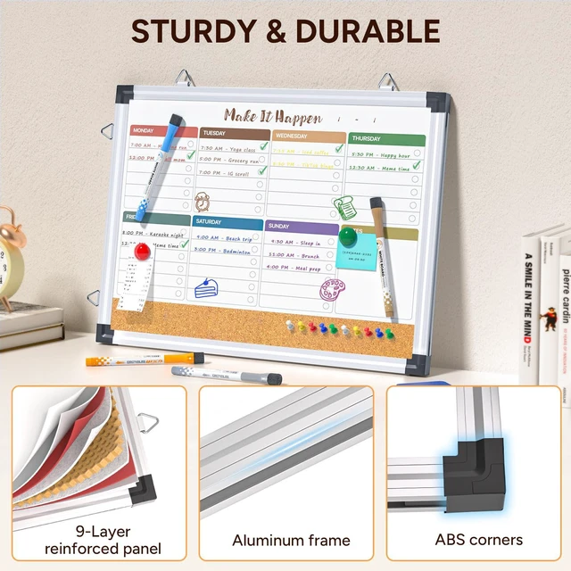 Alt view image 2 of 7 - Weekly Dry Erase Board, 17"x13", Double Sided, Colorful Cork surface combo, white board, aluminum frame, reversible hanging, for home office school kitchen, wall mounted