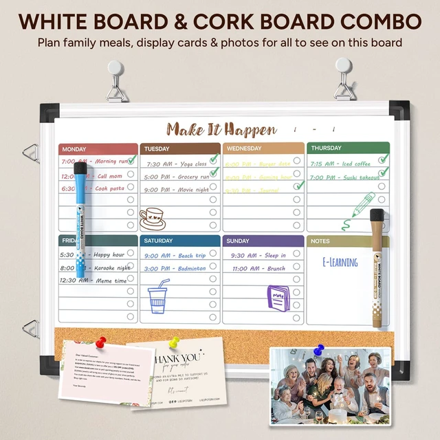 Alt view image 6 of 7 - Weekly Dry Erase Board, 17"x13", Double Sided, Colorful Cork surface combo, white board, aluminum frame, reversible hanging, for home office school kitchen, wall mounted
