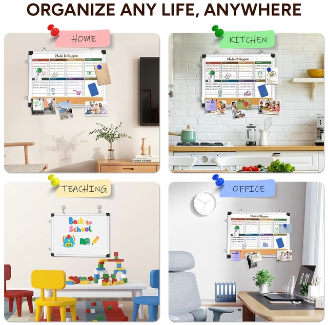 Alt view image 7 of 7 - Weekly Dry Erase Board, 17"x13", Double Sided, Colorful Cork surface combo, white board, aluminum frame, reversible hanging, for home office school kitchen, wall mounted