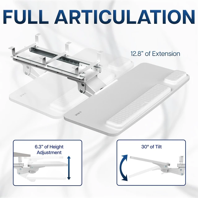 Alt view image 3 of 7 - Premium White Under Desk 27 x 11 in Keyboard Tray, MOUNT-KB27P-W Deluxe Adjustable Computer Keyboard & Mouse Platform Tray, Ergonomic Under Table Desk Mount Drawer with Padding