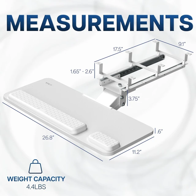Alt view image 5 of 7 - Premium White Under Desk 27 x 11 in Keyboard Tray, MOUNT-KB27P-W Deluxe Adjustable Computer Keyboard & Mouse Platform Tray, Ergonomic Under Table Desk Mount Drawer with Padding