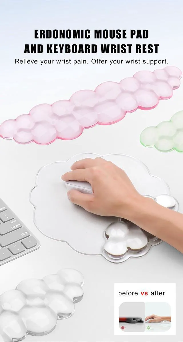 Alt view image 2 of 7 - Mouse Pad with Wrist Rest, Soft Cloud Gel Keyboard Mouse Pad Set with Hand Wrist Support, Cute Non Slip Office Desk Accessories for Comfort/Pain Relief/Computer/Laptop (2Pc Clear Cloud)