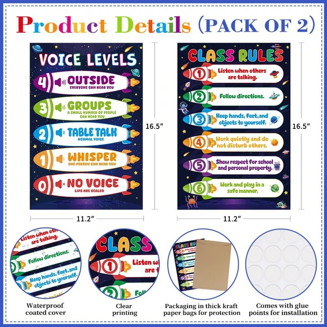 Alt view image 4 of 7 - 2Pcs Voice Level Chart for Classroom - Space Educational Poster Classroom Rules Poster for Kids Toddlers for Classrooms Decorations Elementary Back to School Teacher Supplies