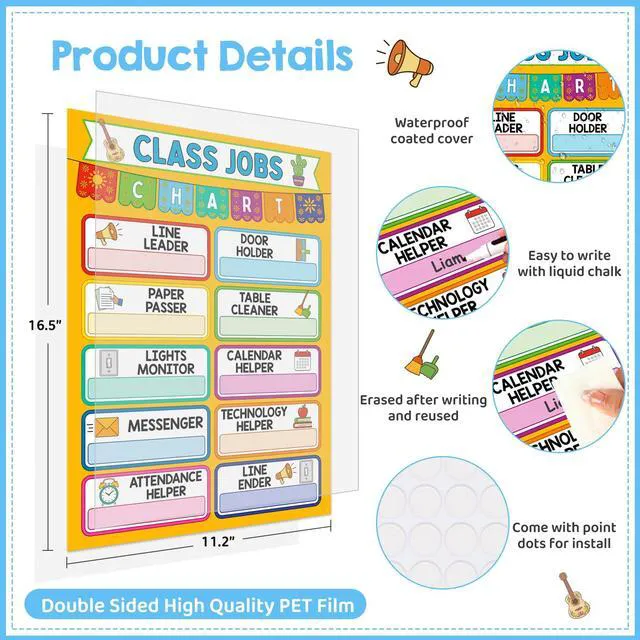 Alt view image 3 of 7 - Classroom Jobs Chart Poster - 11.2'' x 16.5'' Waterproof Class Jobs Educational Tool for Bulletin Board Decor Preschool Elementary Back to School Teacher Supplies