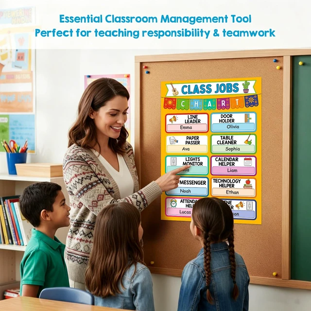 Alt view image 2 of 7 - Classroom Jobs Chart Poster - 11.2'' x 16.5'' Waterproof Class Jobs Educational Tool for Bulletin Board Decor Preschool Elementary Back to School Teacher Supplies