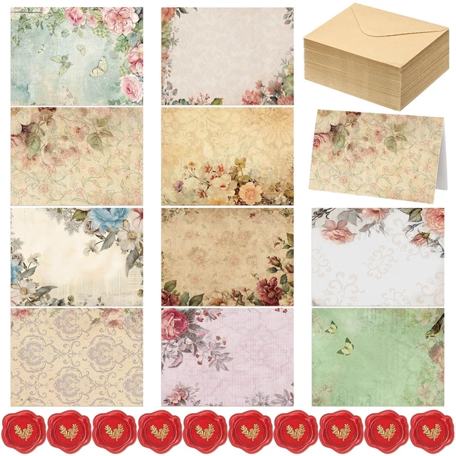 Main image of Blank Note Cards and Envelopes, 100 Pcs, Vintage Floral 10 Vintage Floral Designs, Peel Seal Heart Stickers, Great for Thank You Notes, Party Invites, Weddings, Greetings