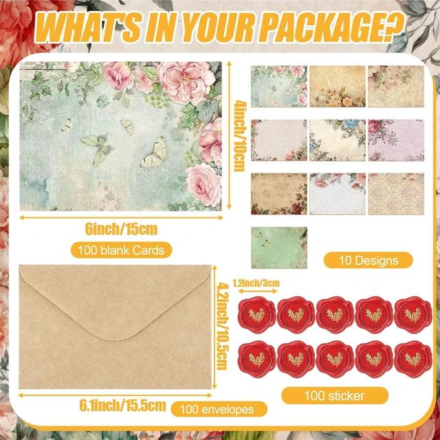 Alt view image 3 of 7 - Blank Note Cards and Envelopes, 100 Pcs, Vintage Floral 10 Vintage Floral Designs, Peel Seal Heart Stickers, Great for Thank You Notes, Party Invites, Weddings, Greetings