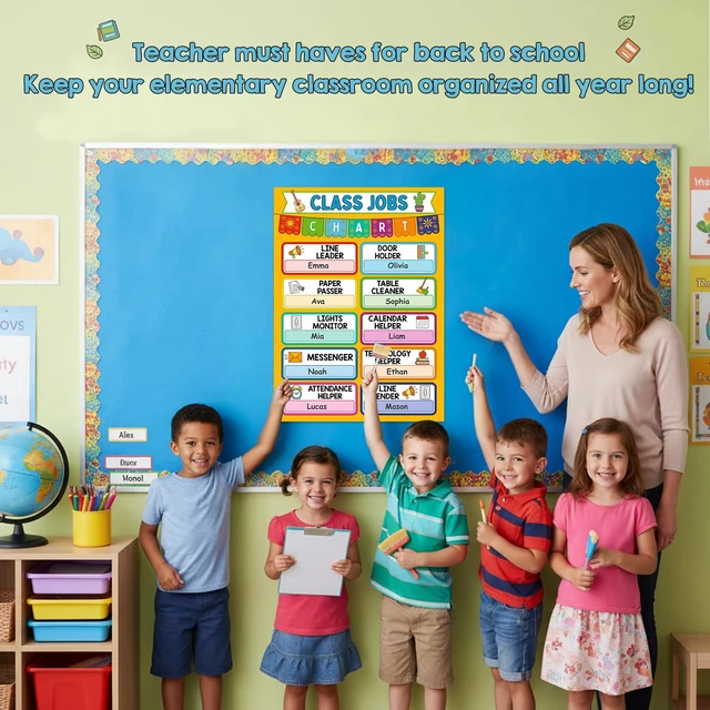 Alt view image 5 of 7 - Classroom Jobs Chart Poster - 11.2'' x 16.5'' Waterproof Class Jobs Educational Tool for Bulletin Board Decor Preschool Elementary Back to School Teacher Supplies